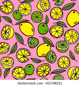 Seamless vector pattern with lemon and lime on a pink background.