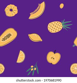 Seamless vector pattern with lemon, pineapple, apple, watermelon, papaya, sea buckthorn. Vitamin C sources, healthy food, fruits, vegetables and berries collection on violet background.