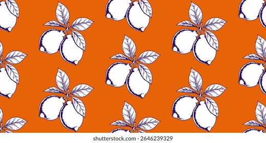 Seamless vector pattern with lemon silhouettes on bright orange background. Hand drawn fruit print. Vintage design with citrus fruits for printing on textiles, fabrics, wallpapers, paper