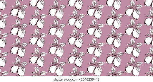 Seamless vector pattern with lemon silhouettes on pink background. Hand drawn fruit print. Vintage design with citrus fruits for printing on textiles, fabrics, wallpapers, paper and other surfaces.