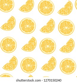 Seamless vector pattern with lemon slices and halves on white background. Summer illustration