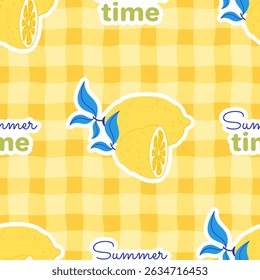 Seamless vector pattern with lemon stickers and text Summer Time. Illustration on a checkered background. Flat style.