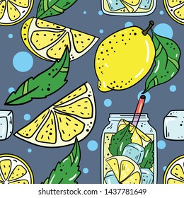 Seamless vector pattern with lemonade, mojito, lemons and mint leaf on grey background. Good for printing. Wallpaper, fabric and textile design. Cute wrapping paper pattern with cocktail and fruits.