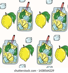 Seamless vector pattern with lemonade, mojito, cocktail, lemon and ice on white background. Good for printing. Wallpaper, fabric and textile design. Cute wrapping paper pattern with fruits.