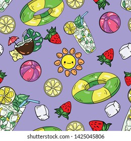 Seamless vector pattern with lemonade,  swimming pool, ball, sun, cocktail and ice on purple background. Wallpaper, fabric and textile design. Good for printing. Cute summer wrapping paper pattern.