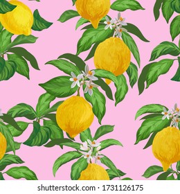 Seamless vector pattern with lemons. Botanical illustration with lemon. Summer digital background.