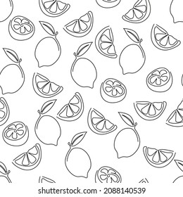 Seamless vector pattern with lemons. Continuous stylized modern summer fruits pattern.  Hand drawn line lemon illustration for backdrop, gift wrapping, wallpaper,textile, fabric, package ets