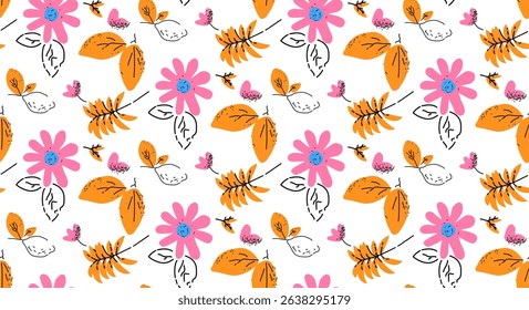Seamless vector pattern with lemons, flowers and leaves on a white background. Abstract texture. Ideal for wallpapers, web page backgrounds, surface textures, textile design.