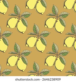 Seamless vector pattern with lemons. Hand drawn fruit background. Vintage design with citruses for printing on textile, fabric, wallpaper, paper and other surfaces.