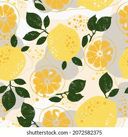 Seamless vector pattern of lemons with leaves on an abstract background. Citruses in doodle style. Sketch of fresh tropical fruits, healthy food. A repeating sample with a retro effect.