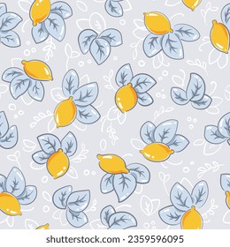 Seamless vector pattern with lemons and leaves in pastel yellow and blue colors