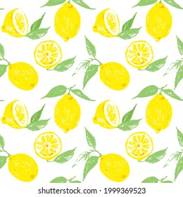 Seamless vector pattern with lemons. Lemon fruits and leaves as repeatable background. Hand drawn citrus fruits for backdrop.