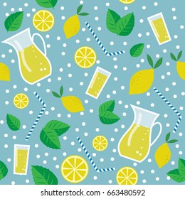 Seamless vector pattern with lemons, mint leaves, lemonade jars and glasses