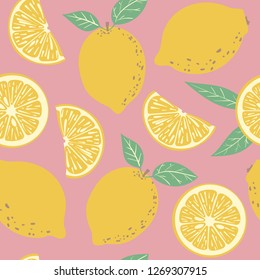 Seamless vector pattern with lemons on pink background. Summer illustration 