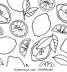 Seamless vector pattern with lemons on a white background. Doodle fruits. For wallpaper, wrapping paper, textile, postcards, web page background, interior decor, menu. Cartoon design.