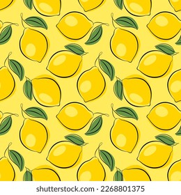 Seamless vector pattern with lemons on a yellow color background.