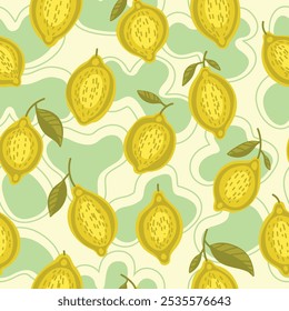 
Seamless vector pattern with lemons on a background of light green spots and lines.