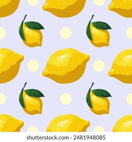 Seamless vector pattern with lemons and polka dots on a yellow background