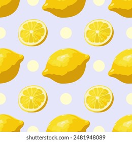Seamless vector pattern with lemons and polka dots on a lavender background