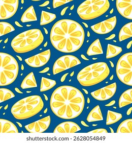 Seamless vector pattern with lemons and slices. Repeating background with yellow citrus fruits. Summer theme in flat cartoon style. Perfect for fabric, packaging, wallpaper, and design.