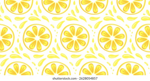 Seamless vector pattern with lemons and slices. Repeating background with yellow citrus fruits. Summer theme in flat cartoon style. Perfect for fabric, packaging, wallpaper, and design.