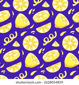 Seamless vector pattern with lemons and slices. Repeating background with yellow citrus fruits. Summer theme in flat cartoon style. Perfect for fabric, packaging, wallpaper, and design.