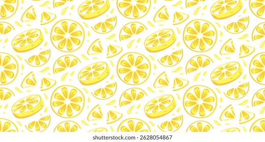 Seamless vector pattern with lemons and slices. Repeating background with yellow citrus fruits. Summer theme in flat cartoon style. Perfect for fabric, packaging, wallpaper, and design.