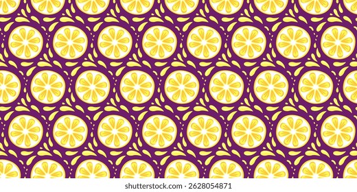 Seamless vector pattern with lemons and slices. Repeating background with yellow citrus fruits. Summer theme in flat cartoon style. Perfect for fabric, packaging, wallpaper, and design.