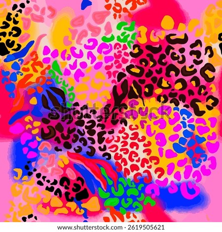 Seamless vector pattern of leopard skin with hand drawn abstract art brush and wild animal skin background elements on beige background in pink, yellow and blue colors. Leopard pattern suitable for te
