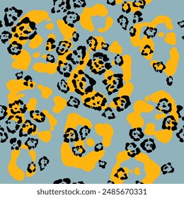 
Seamless vector pattern with leopard spots. Small black and large yellow spots on a gray-blue background.