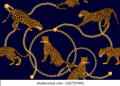 Seamless vector pattern with leopards and golden chains on black background.