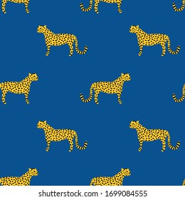 Seamless vector pattern with leopards, jaguar and cheetah. Wild African animals on a blue background. Wild cats repeating design