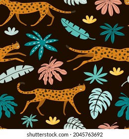 Seamless vector pattern with leopards and tropical leaves. Wild cats in the jungle on a black background. Vector hand drawn illustration.