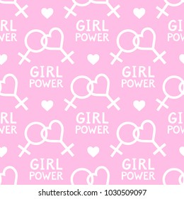 Seamless vector pattern with lesbian and feminist symbols. Girl power slogan. Female symbol.