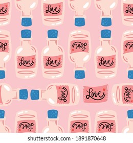 Seamless vector pattern with lettering and bottle. Love background for Valentine's day. Seamless bright romantic design for fabric or wrap paper.