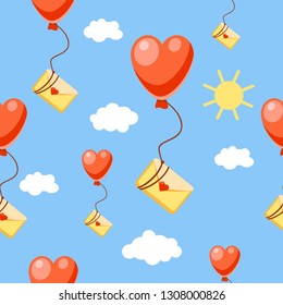 Seamless vector pattern with letters in envelopes on the red balloons in the the shape of hearts flying in the blue sky with clouds an the sun. Cute love background. Saint Valentine's day