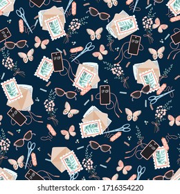 Seamless vector pattern with letters, herbarium, scissors, phone and postage mark. Suitable for typography and textiles.