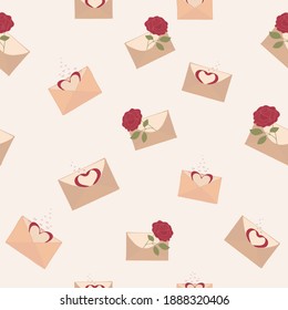 Seamless vector pattern with letters and red roses. Mail envelopes with hearts drawn on them. Suitable for decoration, holiday, design, celebration, wallpaper, fabric.