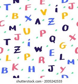 Seamless Vector Pattern. Letters, School. Hand Made Writing. Character, ABC, Alphabet, Typography, Illustration. Pen Marker. Colorful Print For Wrapping Paper, Fabric. Fun, Cute For Kids.