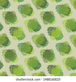 A seamless vector pattern with lettuce and cabbage heads. Surface print design.