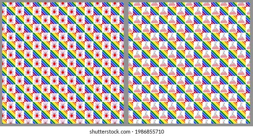 Patrón vectorial impecable con símbolos LGBT. En un fondo blanco aislado. Una jaula con osos pintados y frascos con la magia del amor. Sencillo fondo de pantalla transparente, símbolo de la libertad de elección sexual.