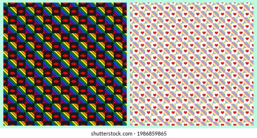 Seamless vector pattern with LGBT symbols. On white and black isolated background. A cage with a painted heart and lips. Simple seamless wallpaper, symbol of freedom of sexual choice. For textiles. 
