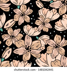Seamless vector pattern with light beige flowers on black background. Wallpaper, fabric and textile design. Cute wrapping paper pattern with spring bouquet. Good for printing.