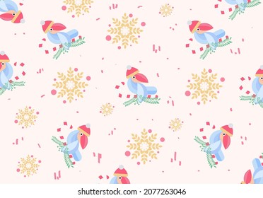 Seamless vector pattern with light blue parrot wearing Christmas hat with nature botanical ornament, for gift wrapping, pillow skin, bed sheet skin, invitation paper wrapping, christmas and new year