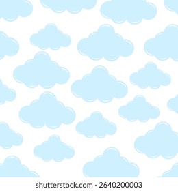 A seamless vector pattern of light blue clouds on a white background. With smooth curves and a calming tone, it suits nursery designs, baby clothes, and peaceful digital wallpapers.