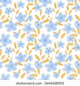 Seamless vector pattern with light blue crayon style flowers and yellow leaves on a light background. Playful and soft design for kids, textiles, wrapping paper, summer and spring themes