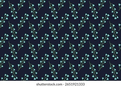 Seamless vector pattern with light blue bell-shaped flowers and green stems on dark navy background. Designed in hand-drawn flat style. Suitable for textile prints, gift wrapping, packaging design