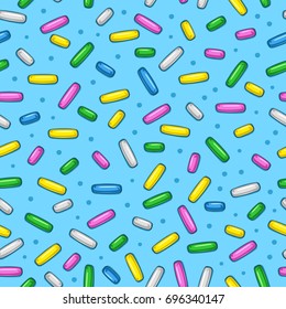 Seamless vector pattern of light blue donut glaze with many colored decorative sprinkles of various sizes. Candy pattern. Background design for banner, poster, flyer, postcard, cover, brochure 1.1 