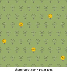 Seamless vector pattern with light bulbs turn on and off random on green background. For website design, blog, www, desktop wallpaper. Sign of creative and invention.