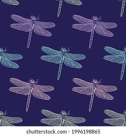 Seamless vector pattern with light colored dragonflies on a dark background. Hand-drawn sketch illustration for design, advertising, prints for clothing and accessories.